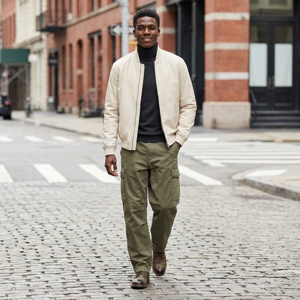 Featured Style — African male model in cream bomber jacket